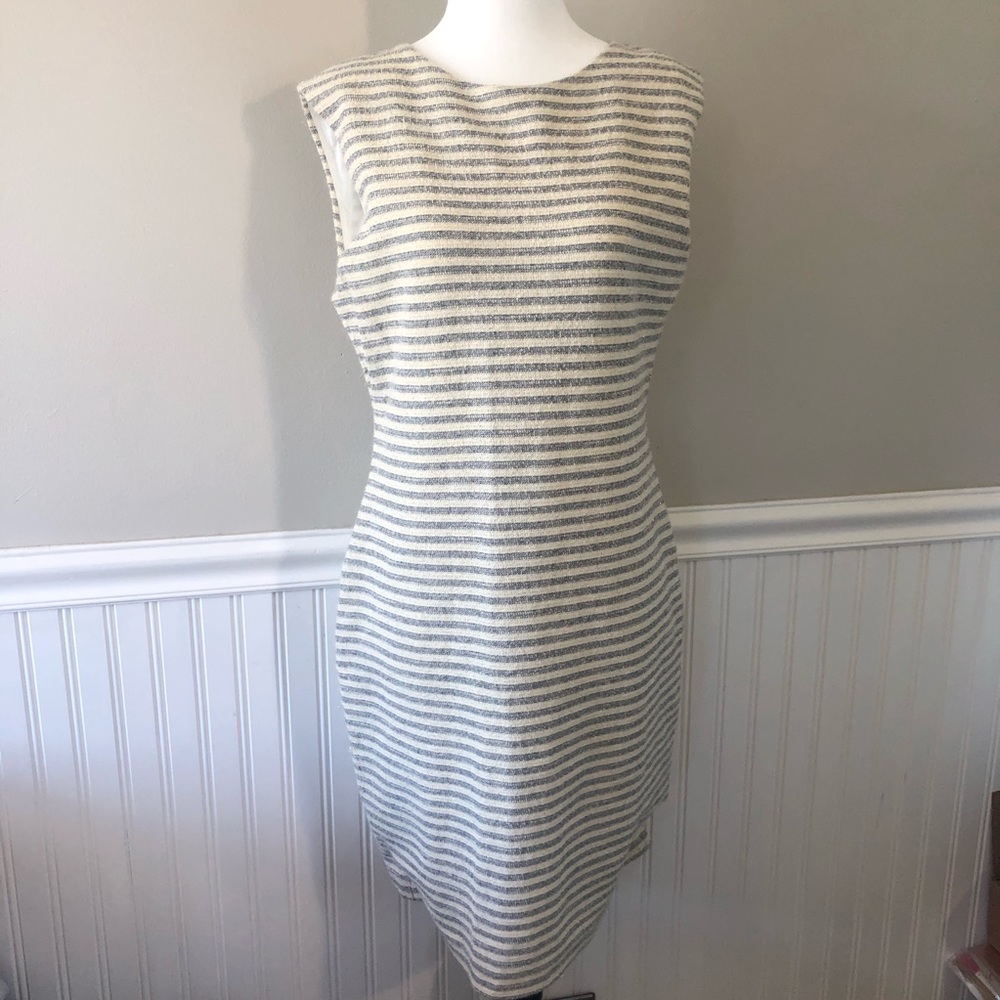 REISS Cream, Blue & Metallic Gold striped sleeveless dress